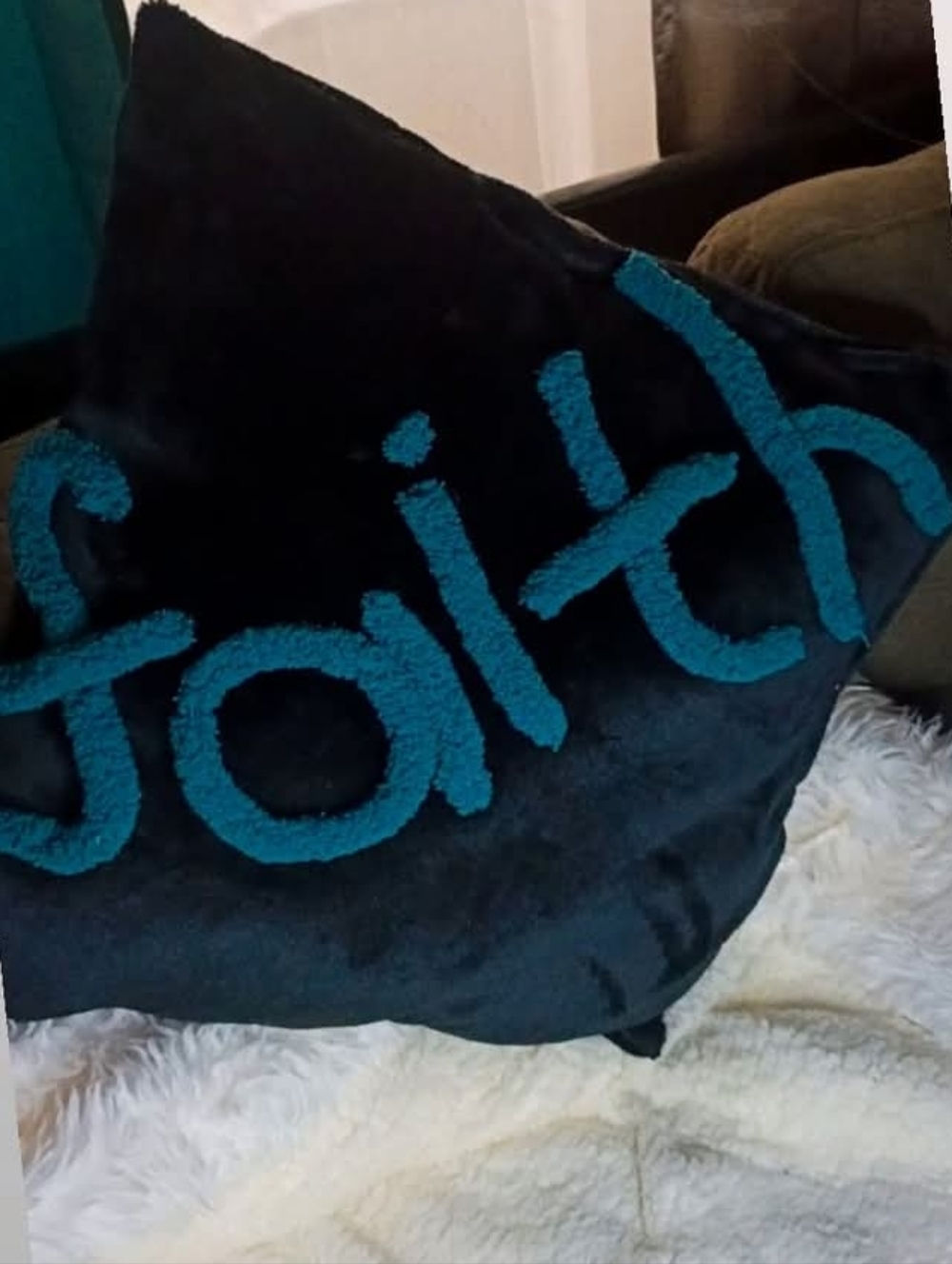 Black Throw Pillow with Teal 'faith' Chenille Script